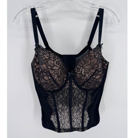 Cacique Other - Cacique Longline Corset Bra Women 38DDD Black Lace Underwire Mesh Support